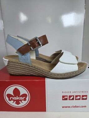 Rieker White Blue and Brown Leather Wedge Sandal with Ankle Buckle